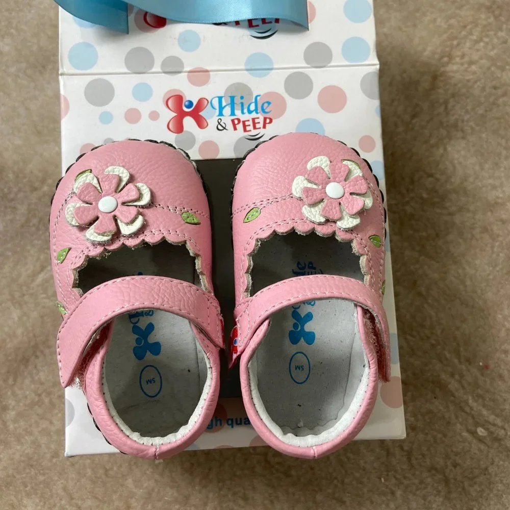 Hide & Peep Leather Baby Walker Shoe Mary Jane  Pink Butterfly
